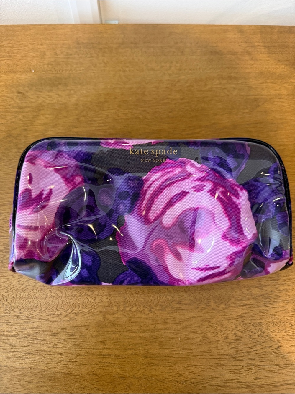 Kate Spade Purple and Pink Floral Glossy Vinyl Cosmetic Pouch